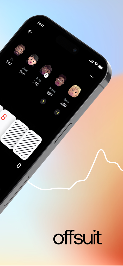 Un smartphone que muestra la interfaz de Offsuit Texas Holdem Poker con avatares de jugadores y un fondo de gráfico de análisis de rendimiento.
