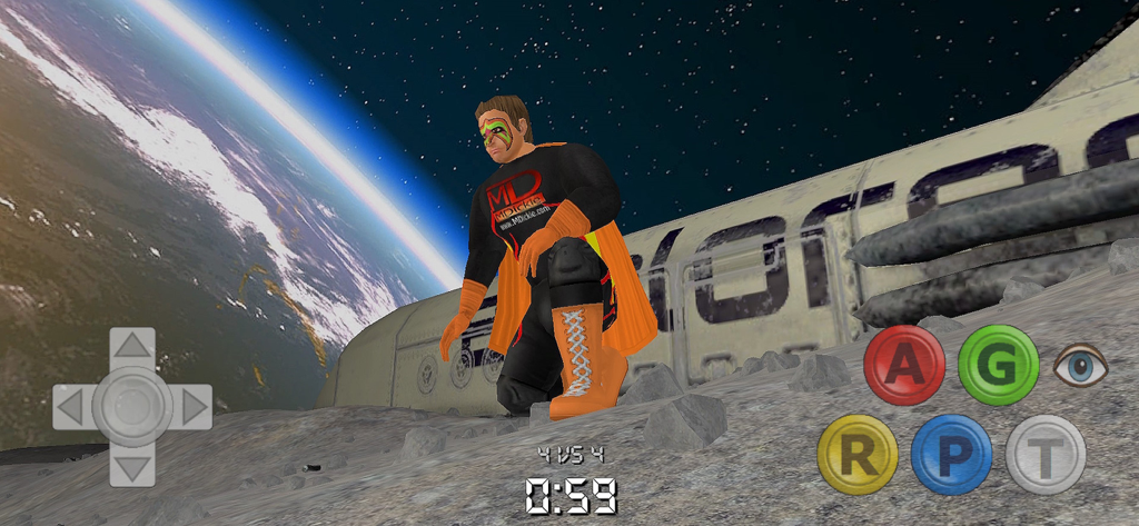 Infinite Lives - Un personaje superhéroe parado en una superficie lunar en el juego Infinite Lives con un planeta y una estación espacial al fondo.