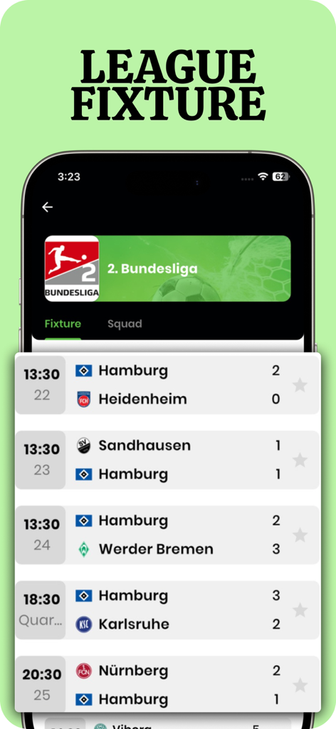 Kick Off - Football Live Match - Captura de pantalla móvil que muestra los partidos de la liga de fútbol y los resultados de los partidos de la liga 2. Bundesliga en la aplicación Kick Off