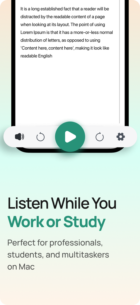 Macwhisper - Text To Speech - Macwhisper app interface showing a text reader with a play button and the headline Listen While You Work or Study.