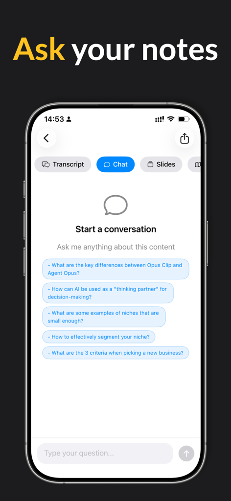 Fast Rekap - AI Meeting Notes - Pantalla de la aplicación Fast Rekap mostrando la interfaz de chat de IA para hacer preguntas sobre notas y transcripciones de reuniones