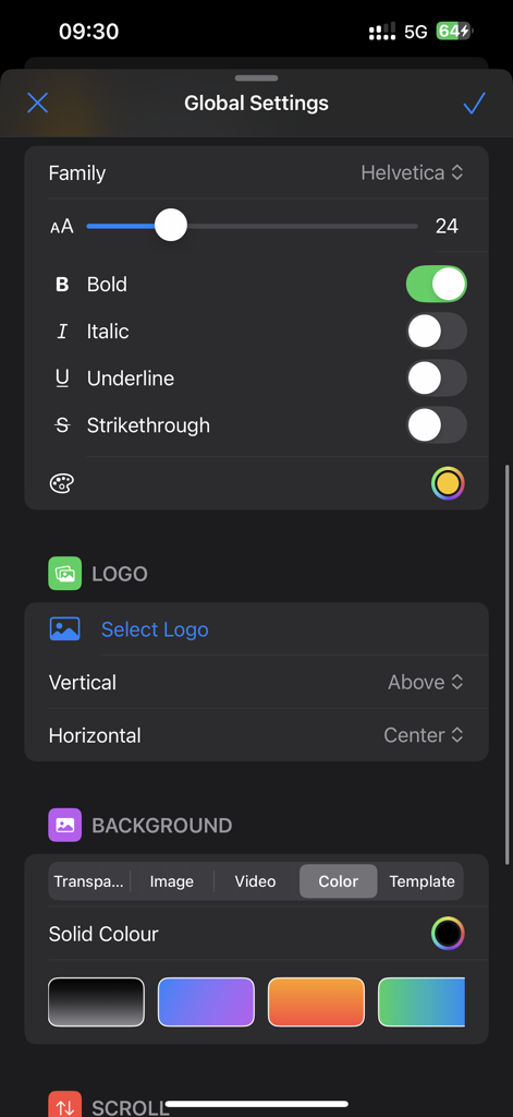 A screenshot of the global settings menu in End Credits Maker showing text styling logo and background options