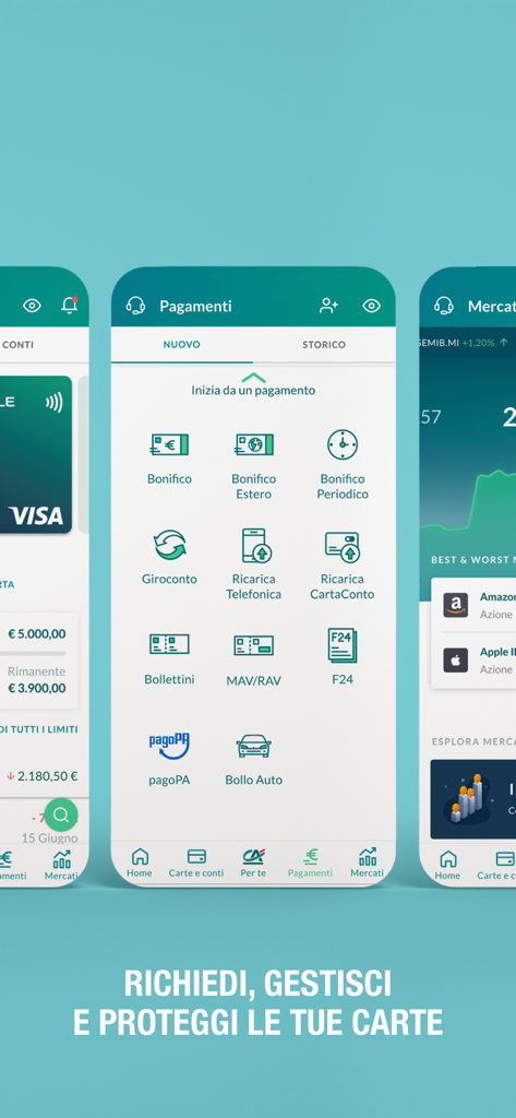 Interface of Credit Agricole Italia app displaying account balance, payment services, and investment markets.