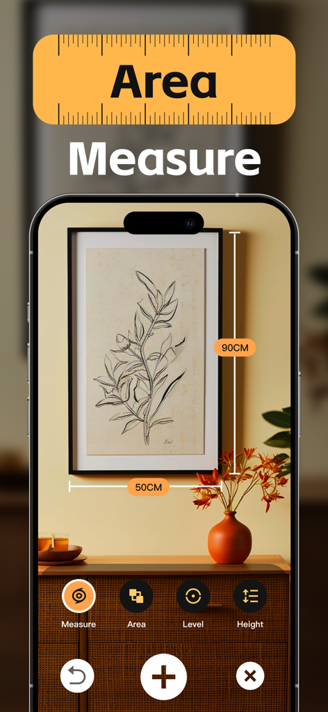 Smart Level & AR Ruler - Smartphone screen showing AR area measurement of a picture frame.