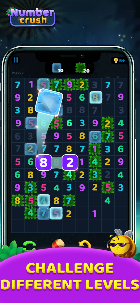 Number Crush: Match Ten Puzzle - 숫자 그리드와 일치하는 챌린지를 보여주는 넘버 크러쉬 텐 매치 퍼즐의 게임 플레이 화면.