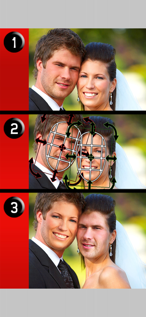 Three step guide for swapping faces in the iSwap Faces Pro app