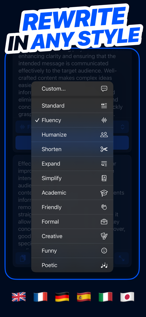 Interface mostrando múltiplos estilos de escrita de IA e suporte de idioma.