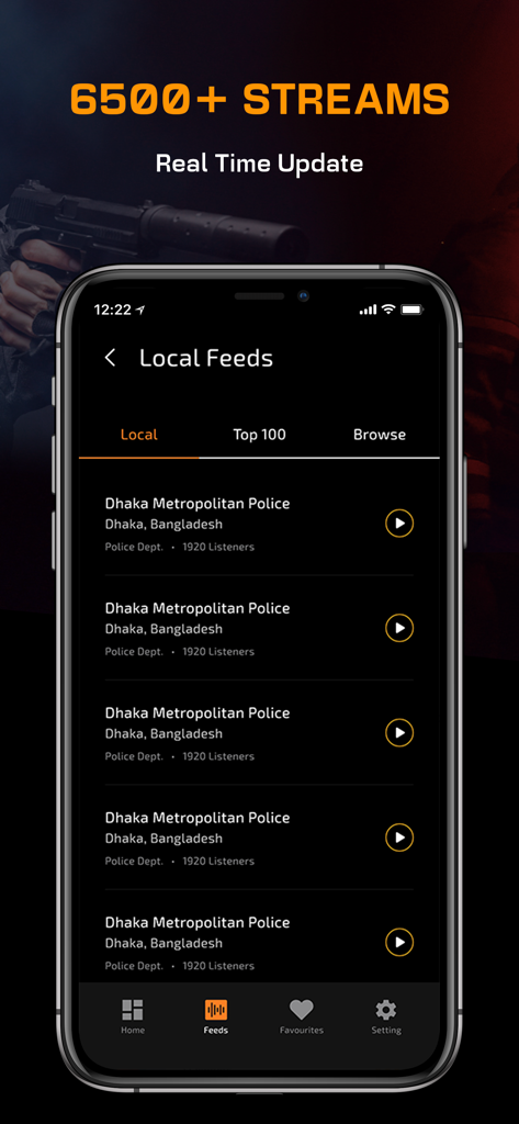 Police scanner app interface displaying a list of local radio feeds with listener counts and real time updates