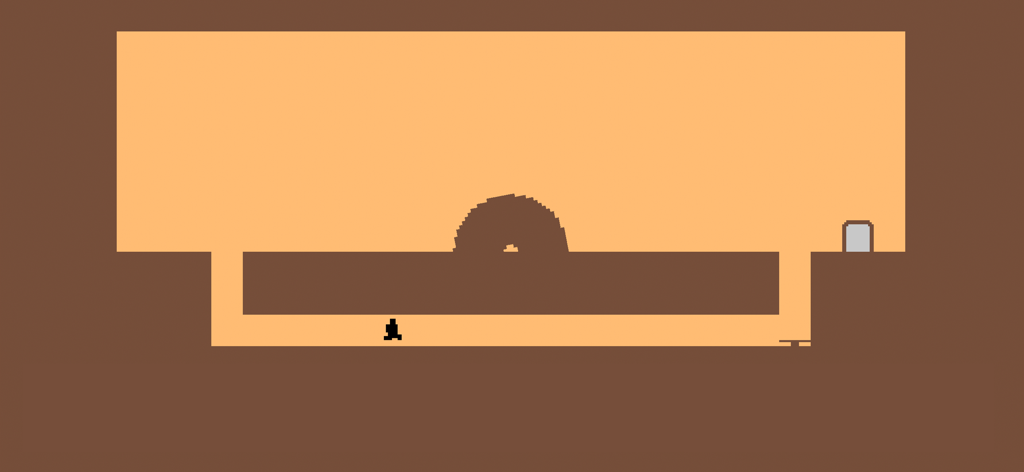 Level Devil - NOT A Troll Game - Una captura de pantalla de Level Devil que muestra a un personaje pixelado negro navegando por un pasillo minimalista naranja y marrón con un obstáculo circular