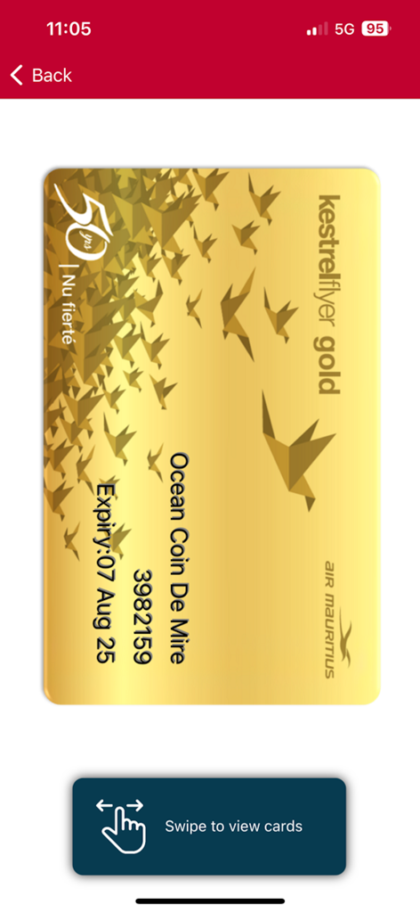 Digital Kestrelflyer gold membership card displayed within the Air Mauritius mobile app