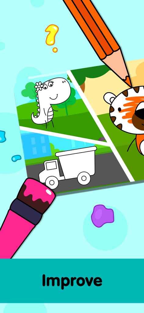 A digital coloring book for kids showing cartoon animals and a truck with drawing tools