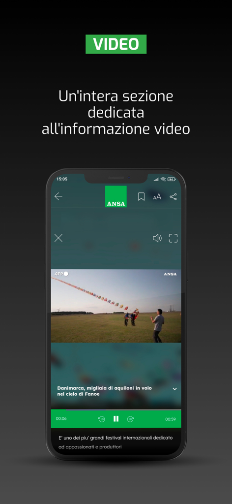 Smartphone displaying the video news section of the ANSA app