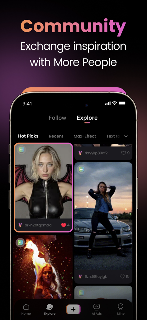 AI Video Generator-VideoMax - Explore screen of VideoMax app showing AI video creations and community inspiration