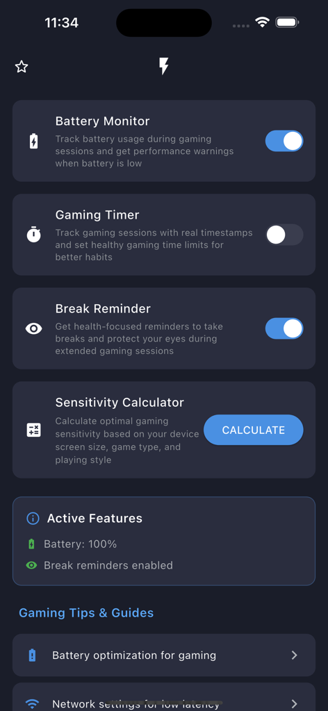 Goxit FF Tool - Goxit FF Tool app dashboard showing battery monitor and sensitivity calculator settings