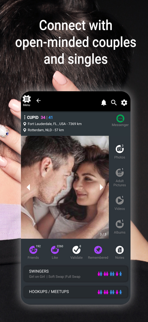 Screenshot of the SDC Adult Dating app showing a couple profile with social interaction features and lifestyle interests