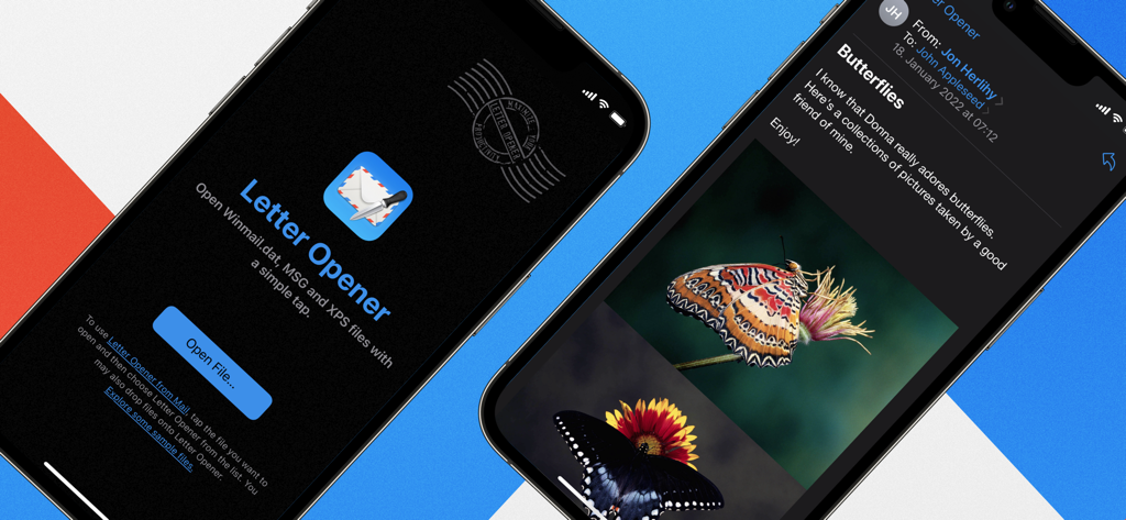 iPhone上のWinmail Viewer Letter Openerアプリ。ホーム画面とファイルプレビューが表示されます。