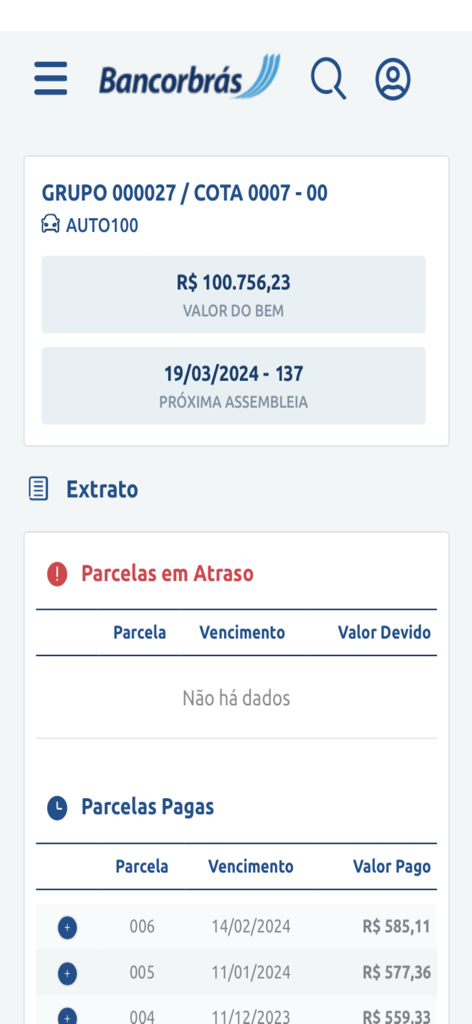 Interfaz de la aplicación Meu Consórcio Bancorbrás que muestra detalles de la cuota del consorcio y el historial de pagos.