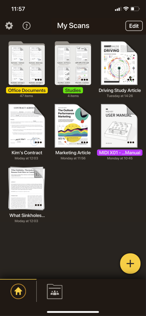 My Scans, best PDF Scanner App - Dashboard principale dell'app My Scans che mostra una griglia di cartelle documenti organizzate e file scansionati.