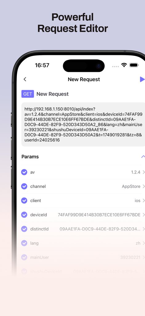 超级指令 - 快捷指令库&API调试工具 - SuperFinger mobile app interface displaying the API request editor with GET method and parameter details