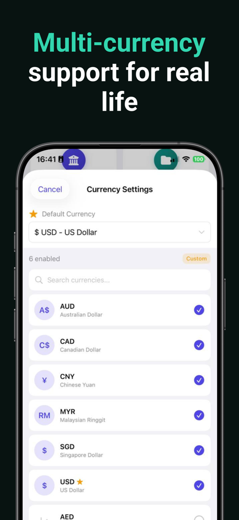 WeCount · Family Shared Budget - Pantalla de configuración de moneda de la aplicación de presupuesto familiar WeCount con varias opciones de moneda global