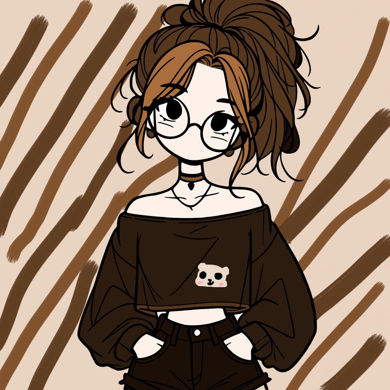 girl with a messy ponytail glasses a baggy crop top and jean shorts