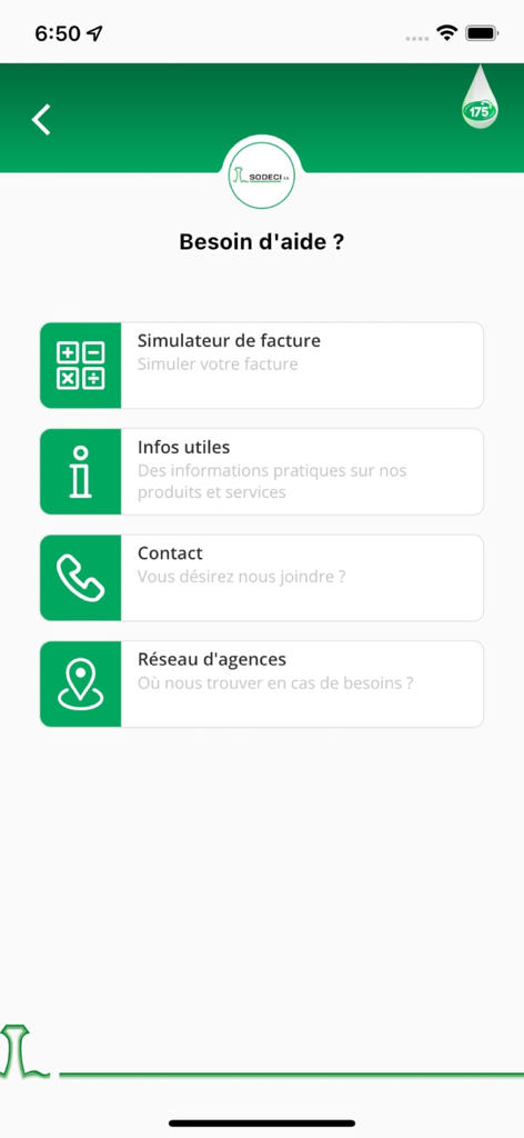 Ma SODECI en ligne - Support screen of the Ma SODECI app with options for bill simulation, useful info, contact, and agency network