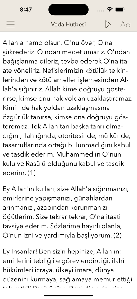 A mobile app screen displaying the text of the Farewell Sermon (Veda Hutbesi) in Turkish.