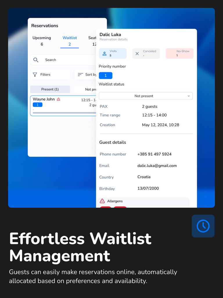 dotyourspot business | tablet - レストラン予約のためのウェイティングリスト管理とゲストプロフィールの詳細を表示するdotyourspot business iPadアプリインターフェイス