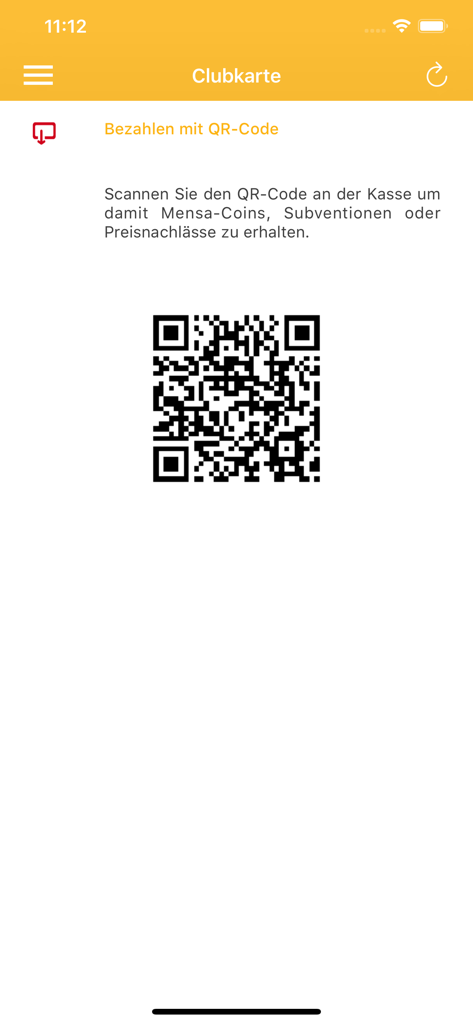 Mensa Club app screen showing a digital QR code used for cafeteria payments and loyalty rewards.