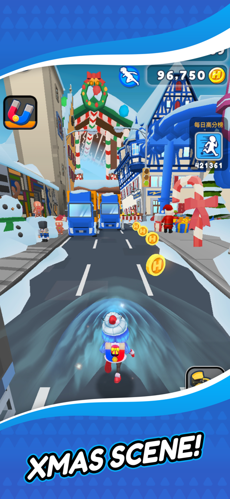Rich Hero Go - A character running through a snowy Christmas-themed city street in Rich Hero Go.