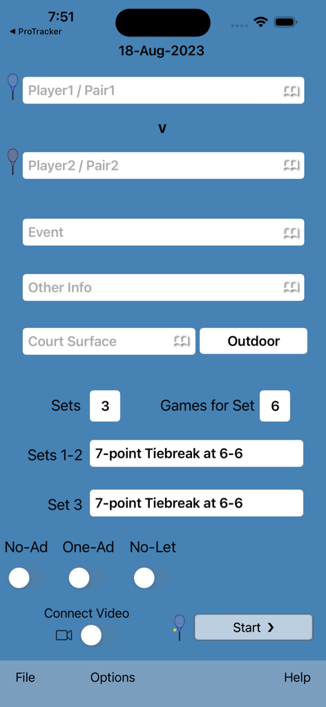 ProTracker Tennis - Tennis match setup screen in ProTracker app with options for players surface and scoring rules