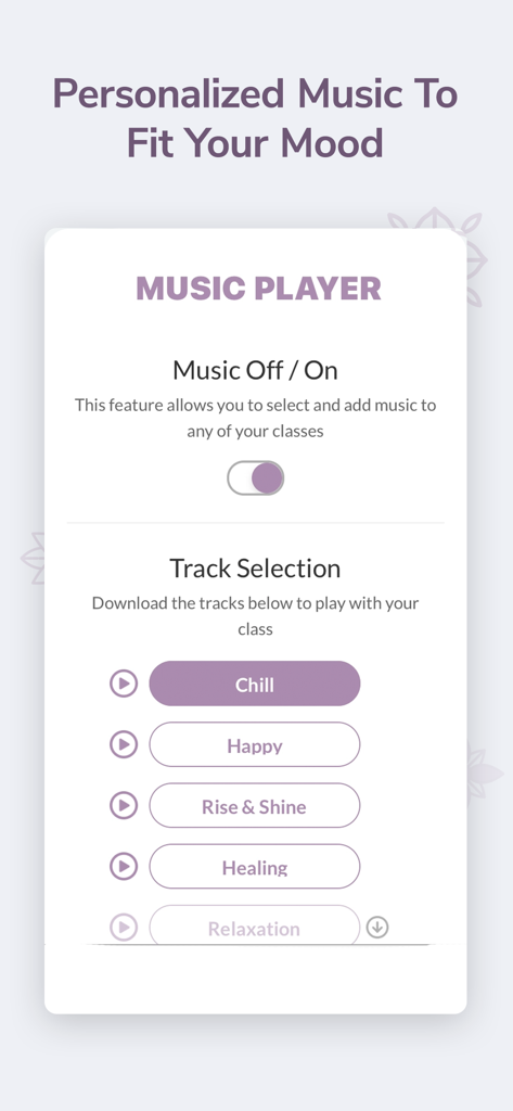 Yoga Time: For Beginners & All - A mobile interface for the Yoga Time app showing a music player with mood based track selection options like Chill and Happy