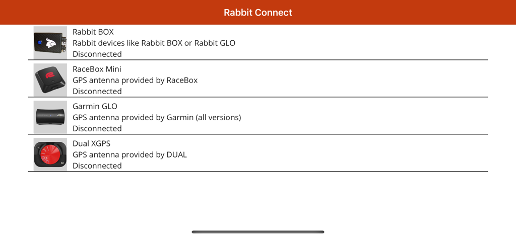 Lista de dispositivos GPS externos compatibles en la aplicación Rabbit Connect, incluyendo Rabbit BOX, Garmin GLO y RaceBox Mini
