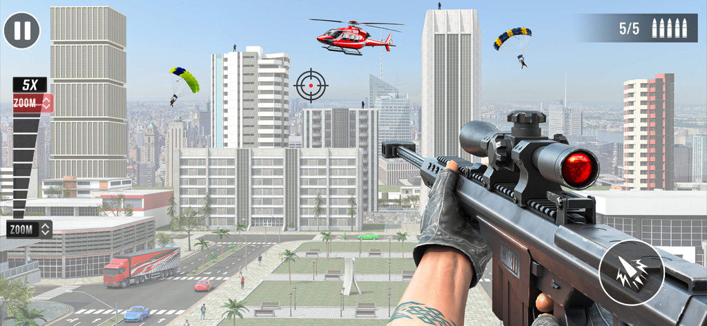Sniper Games - Shooting Games! - First person view of a sniper rifle aiming at a city target with a helicopter and paratroopers