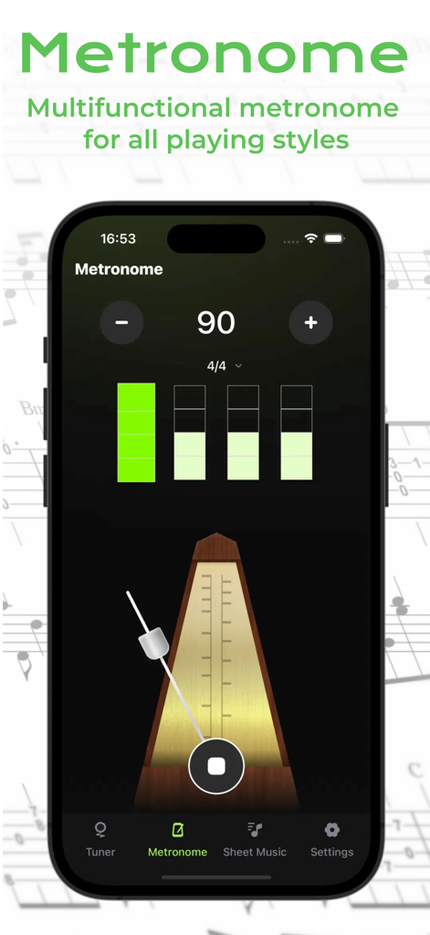 Interfaz de metrónomo digital en la aplicación Guitar Creator Pro mostrando un tempo de 90 BPM y un péndulo clásico visual