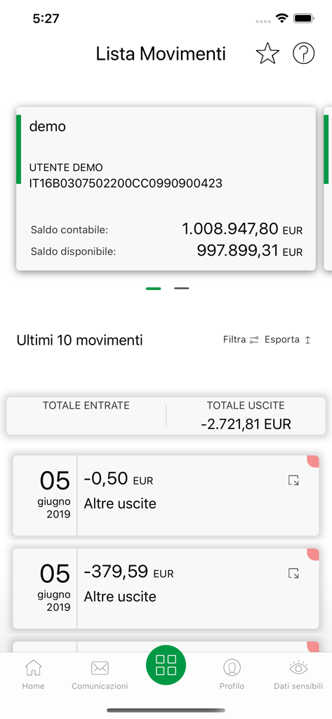 Carifermo Mobile - Carifermo Mobile app interface showing account balance and recent transactions list in Euro