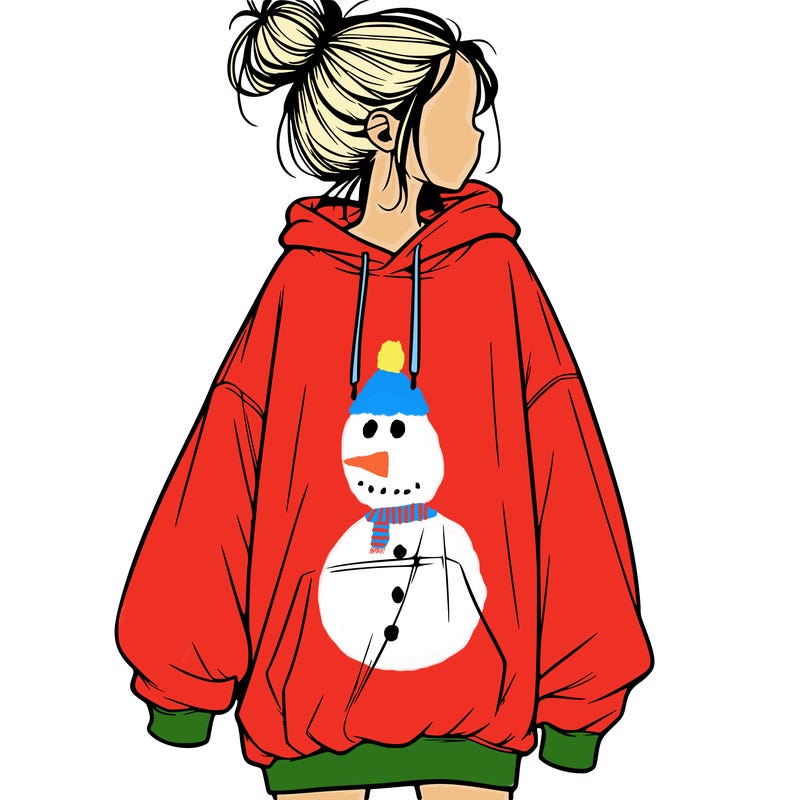 realistic girl with a oversized sweatshirt on and a bun