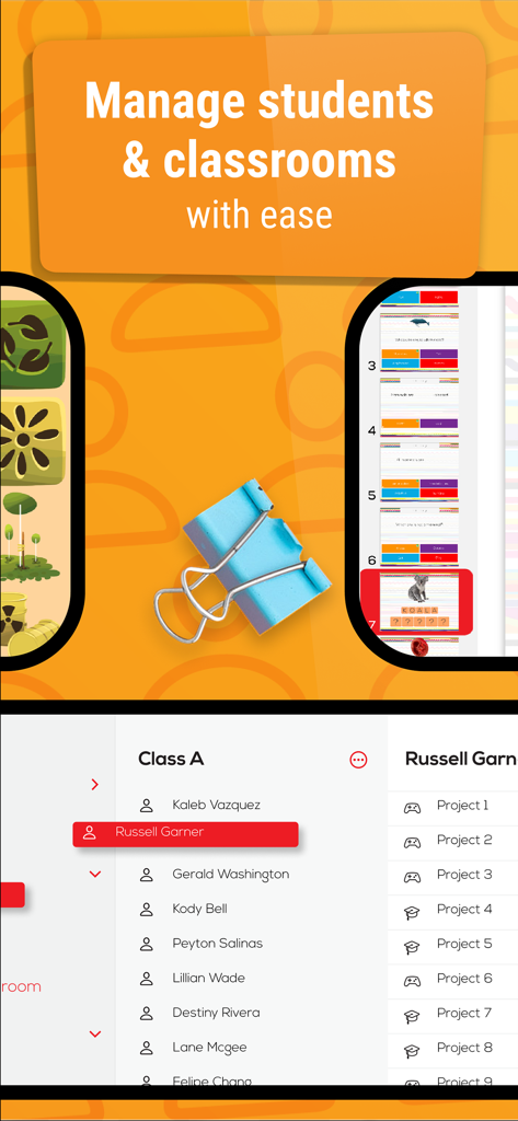 Make It: Create learning games - Classroom and student management dashboard in the Make It app showing a list of students and their assigned projects