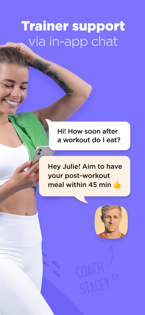 In-app chat feature in Workout Builder showing a woman receiving fitness advice from a professional trainer.