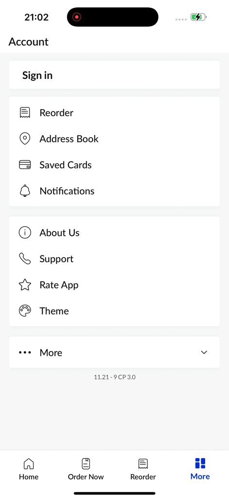Chilli Waves South Queensferry - Account and settings menu of the Chilli Waves food delivery app showing sign in and order options.