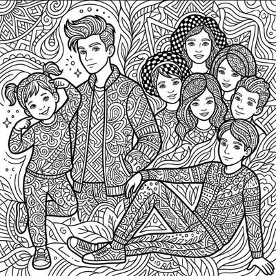 Discover the joy of detailed coloring with this unique Zentangle page featuring a vibrant group of children and young adults. Each figure and the surrounding background are adorned with mesmerizing patterns, offering hours of creative relaxation.