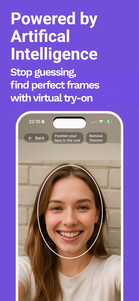A woman using the FrameStyler app AI face scanner for virtual glasses try on