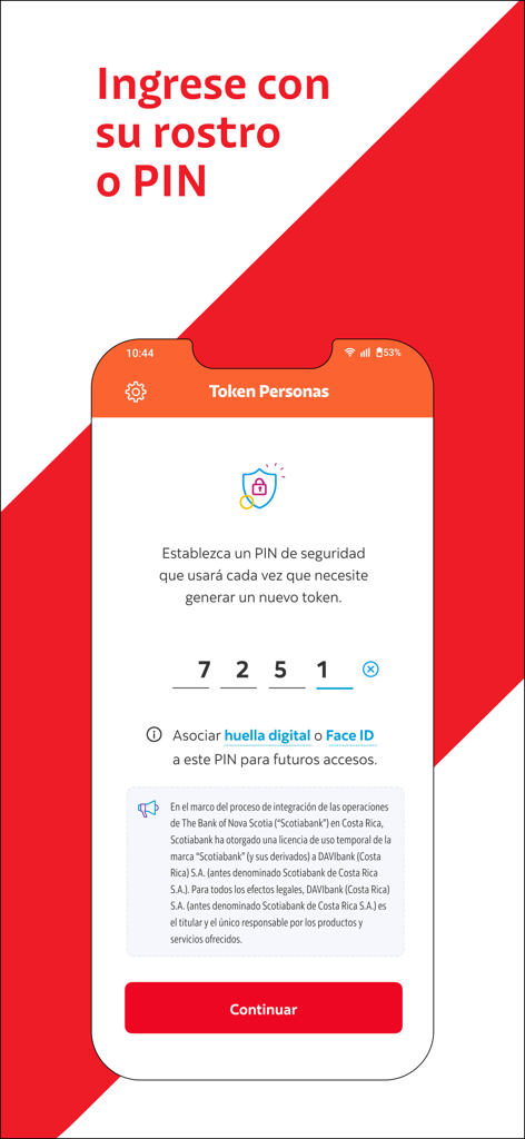 DAVIbank Token Personas CR - DAVIbank Token Personas security PIN entry screen with option for Face ID