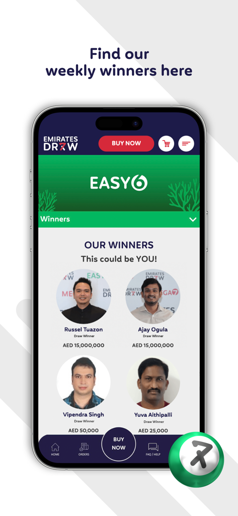 Emirates Draw - Emirates Draw app winners page showing names and prize amounts