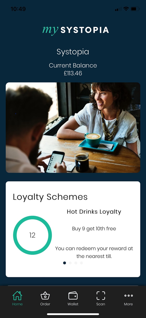 mySYSTOPIA - mySYSTOPIA mobile app home screen with account balance and hot drinks loyalty rewards details