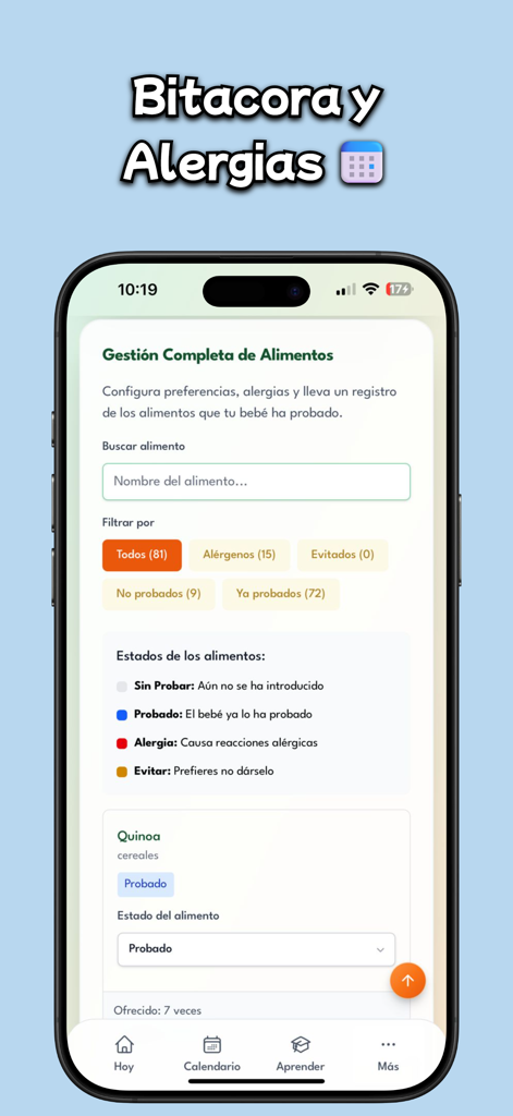 Alicia: Menús BLW Bebés - Alicia App-Oberfläche zur Lebensmittelverwaltung zeigt ein Baby-Lebensmittelprotokoll und eine Allergie-Verfolgung.