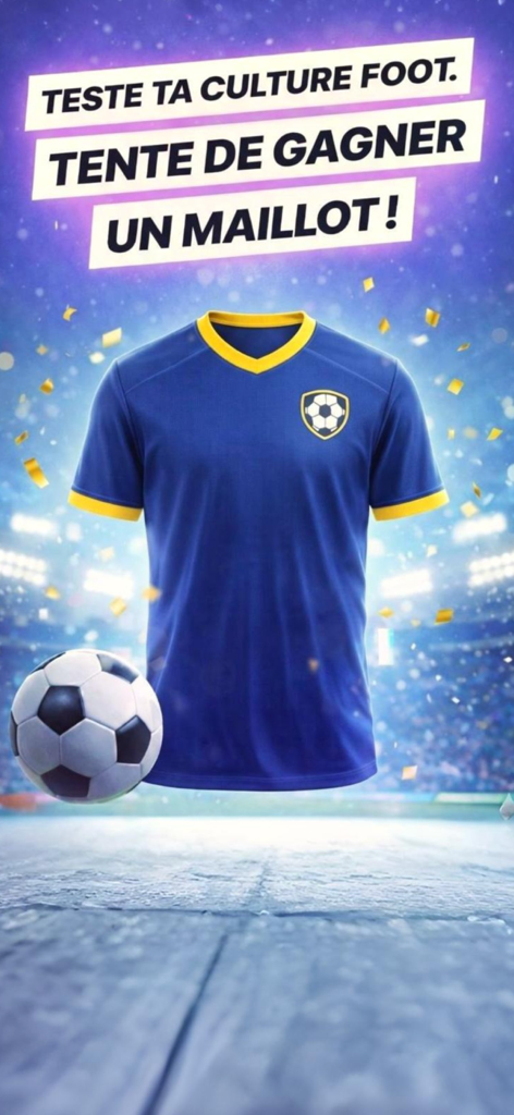 Daily Football Quiz - A blue and yellow soccer jersey with a soccer ball on a stadium background for the Daily Football Quiz app.