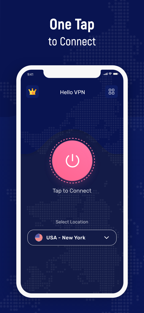 Nolog VPN mobile app interface showing a large pink button for one-tap connection and USA server selection.