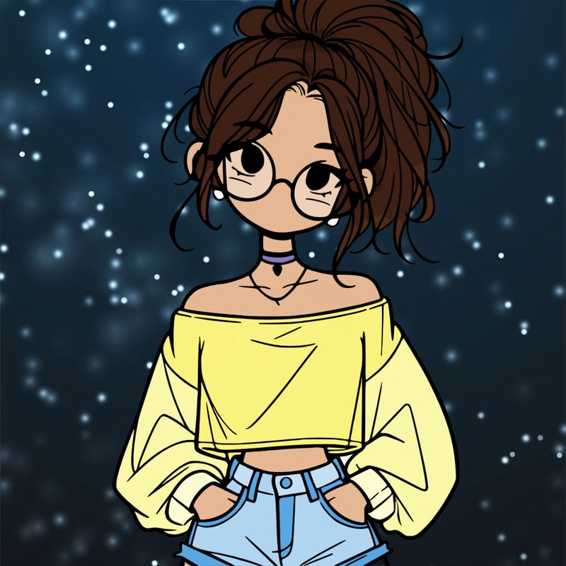 girl with a messy ponytail glasses a baggy crop top and jean shorts