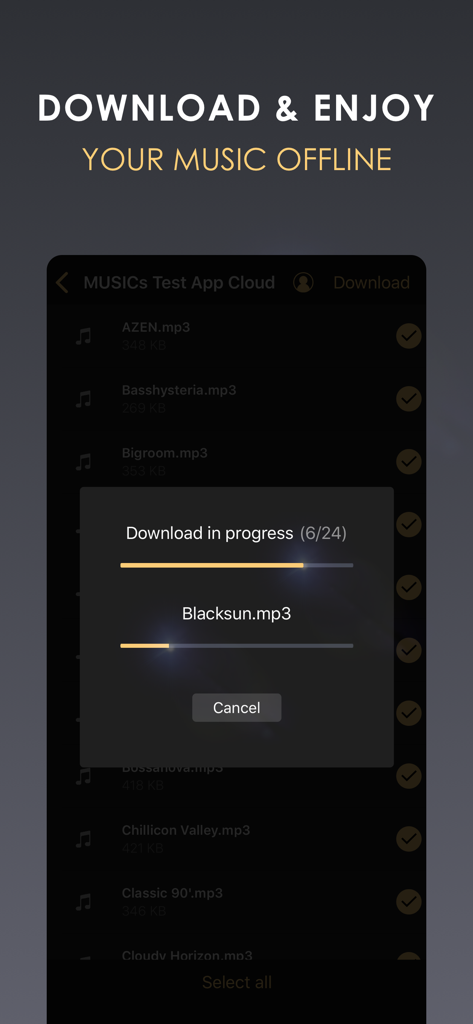 Equalizer+ HD music player - Captura de tela mostrando o progresso do download de faixas MP3 para audição offline no player de música Equalizer plus HD.